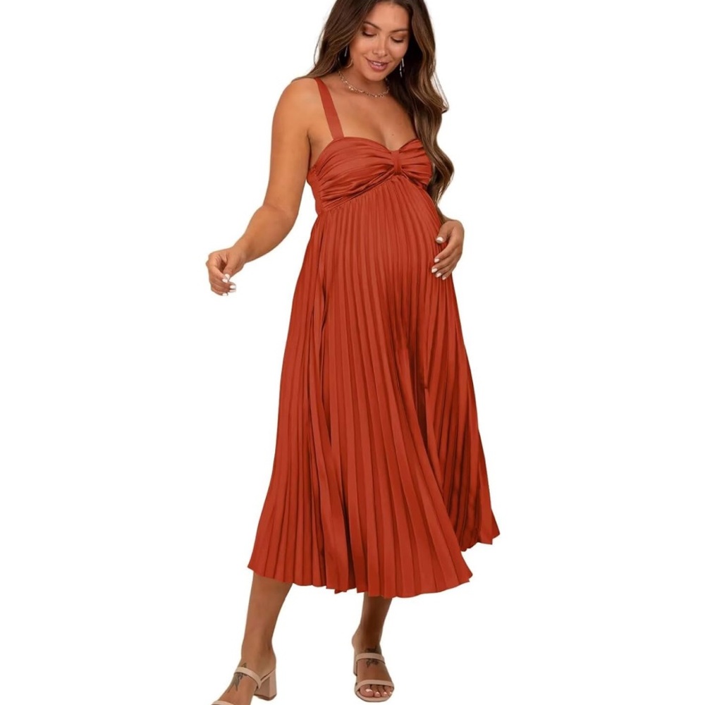 Elegant Burnt Orange Colored Pleated Maternity Dress